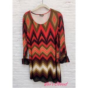 Roz & Ali Tunic Shirt Orange White Brown Scoop Neck Zig Zag 1X